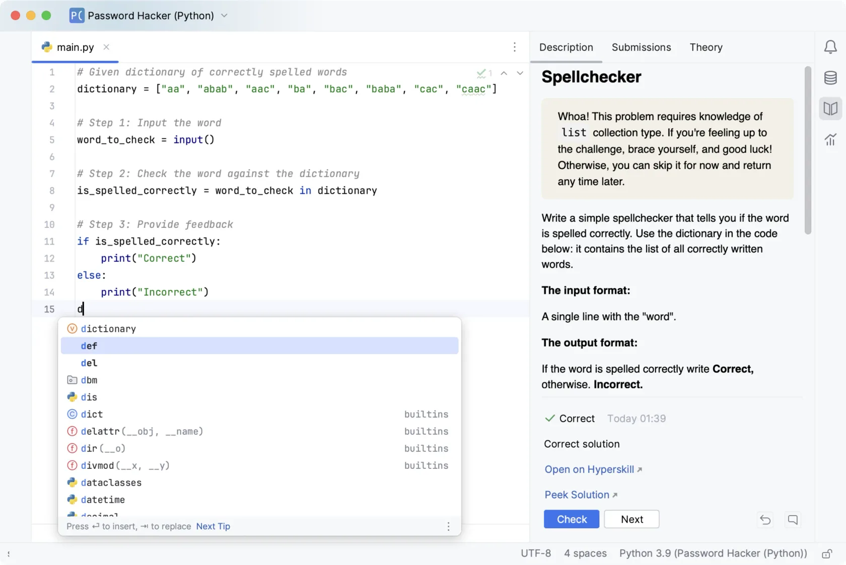 A Hyperskill task open in a JetBrains IDE: code on the left, the task description and a Check button on the right
